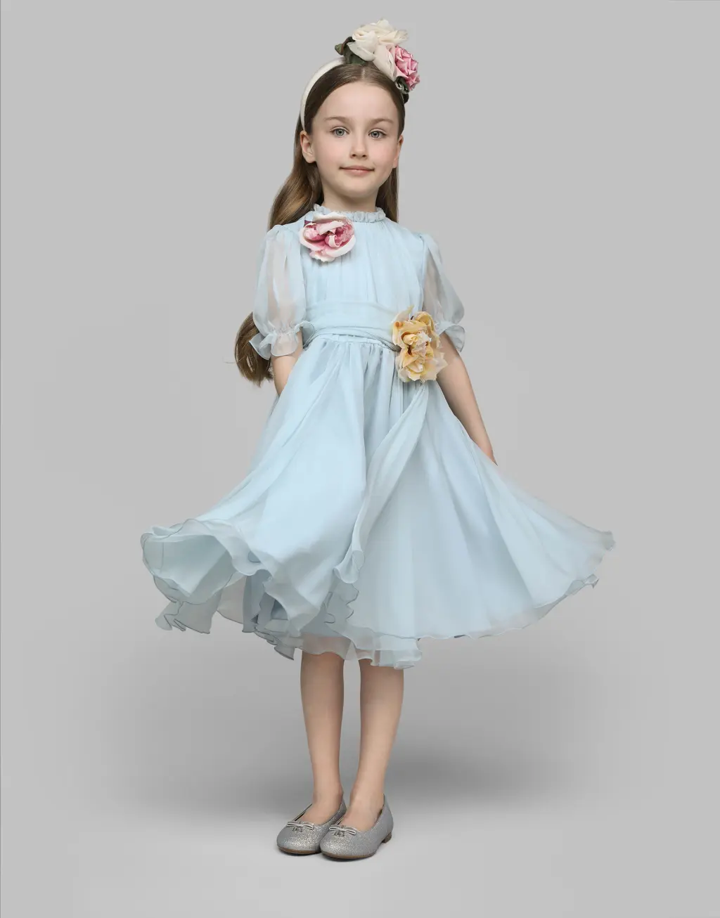 立体花卉雪纺连衣裙