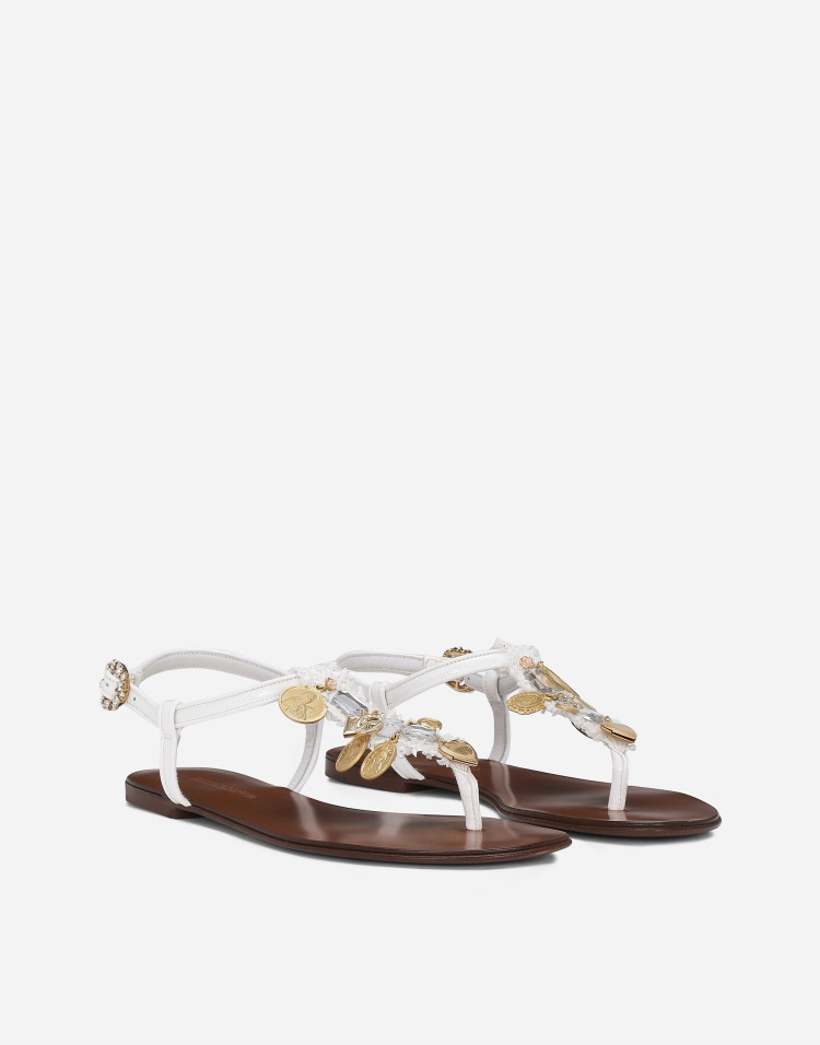 许愿圆章刺绣拉菲草夹趾凉鞋