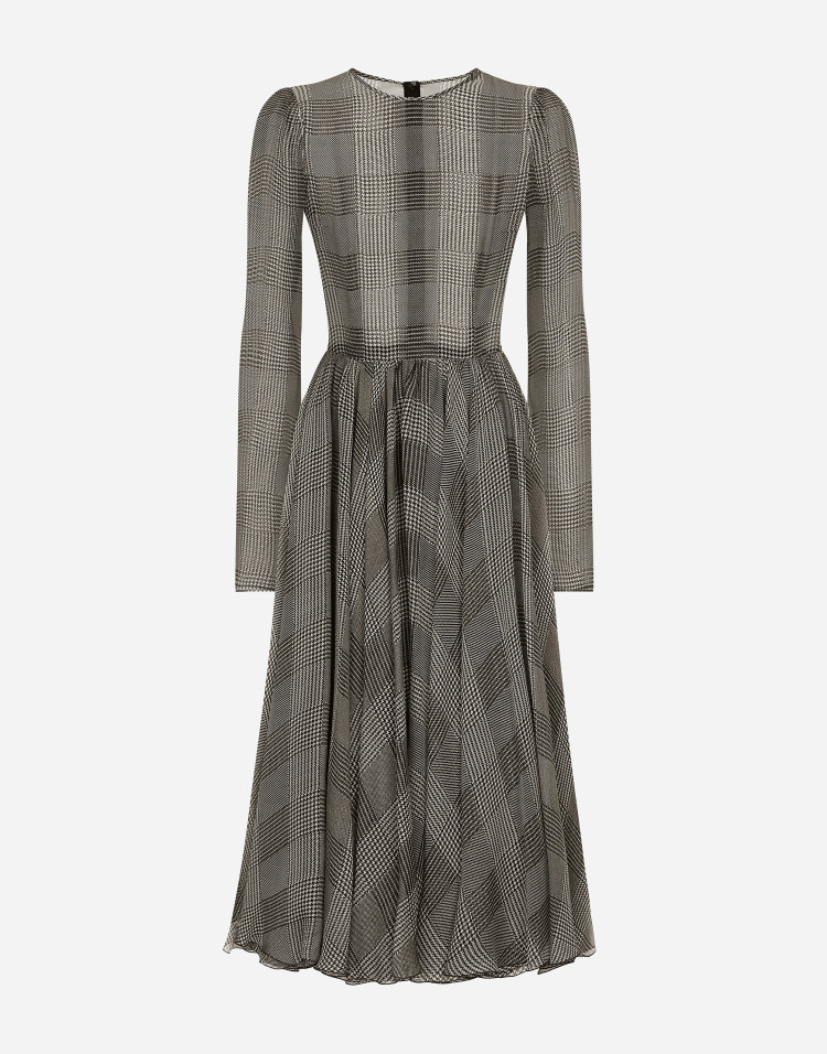 【雪纺裙】威尔士亲王格纹印花雪纺中长伞式长袖连衣裙
