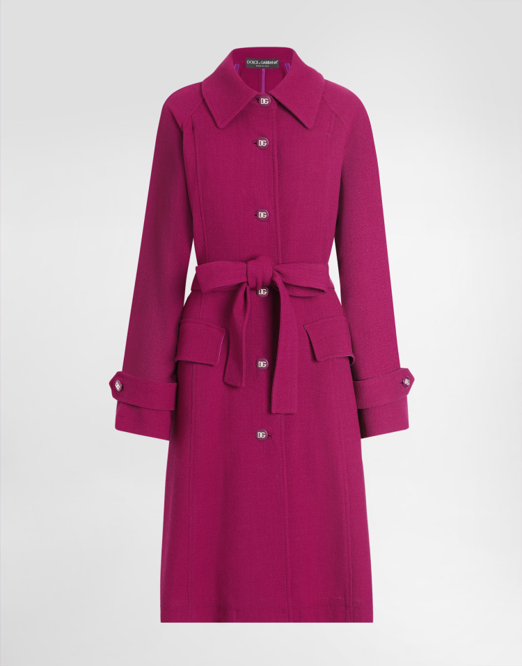 腰带款羊毛绉绸单排扣大衣