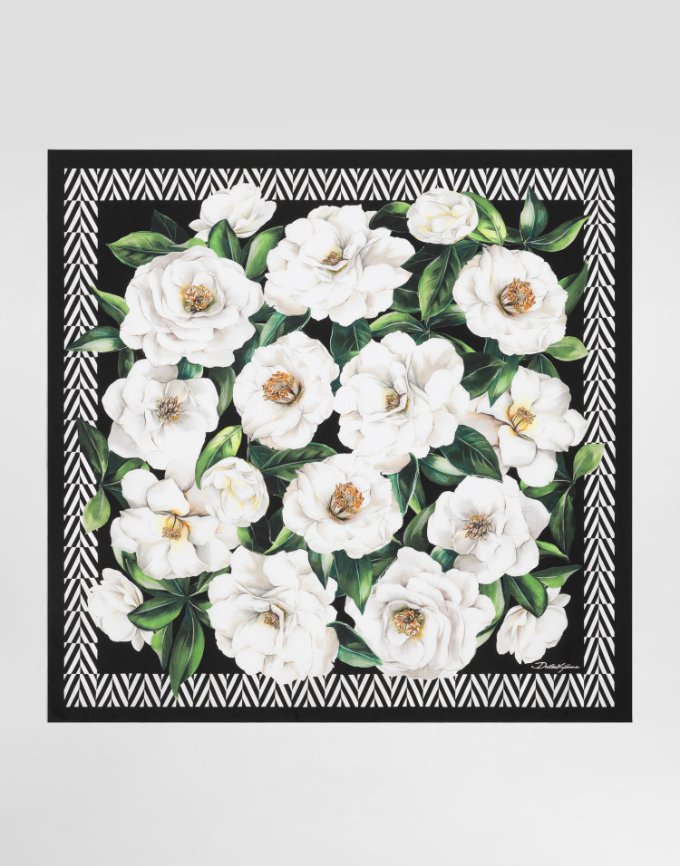 90X90 栀子花印花真丝斜纹方巾