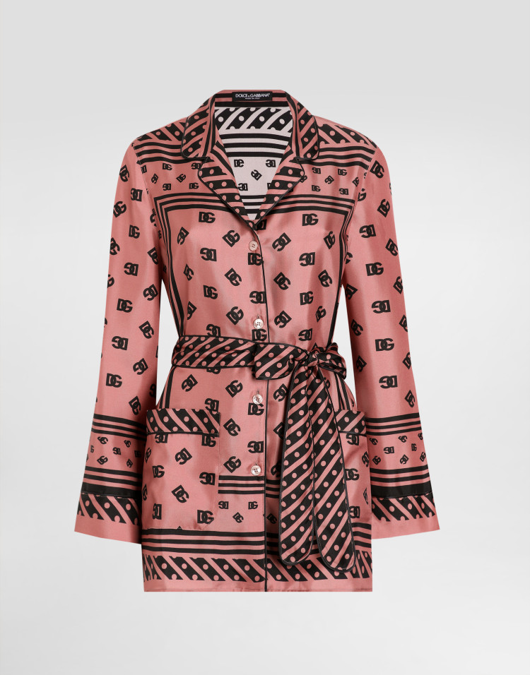 整体 DG 徽标丝巾印花真丝斜纹睡衣衬衫