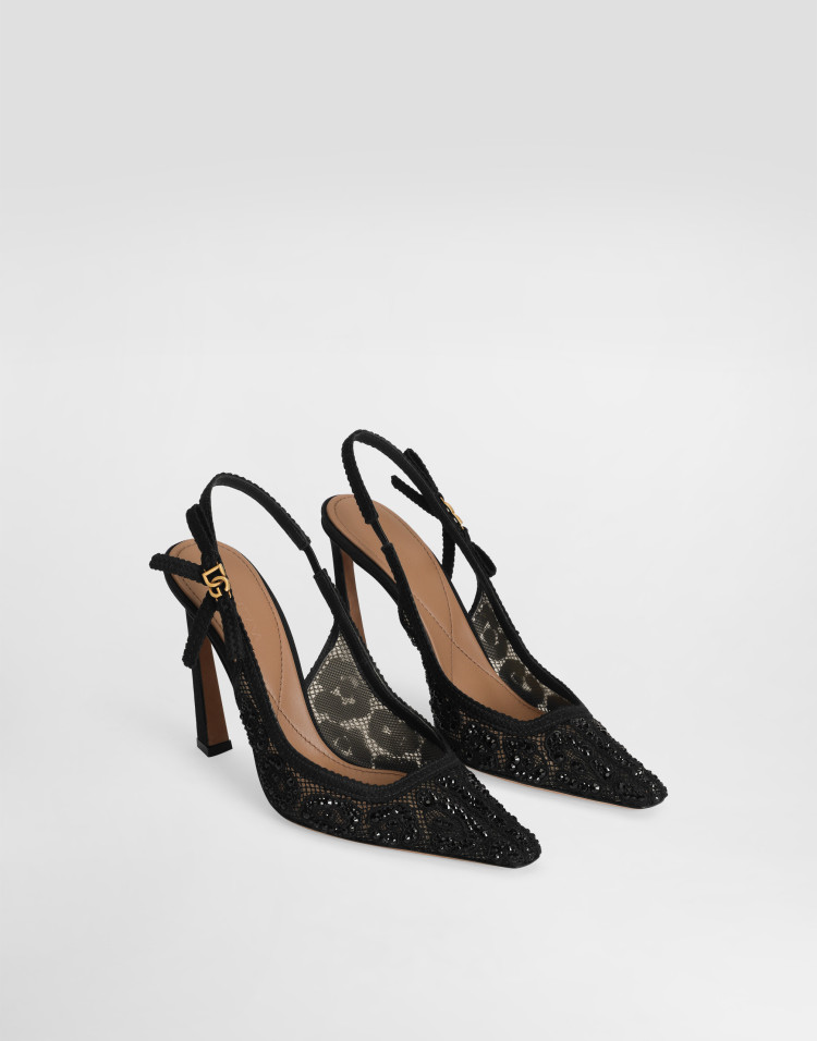 热贴水钻与豹纹蕾丝后系带鞋