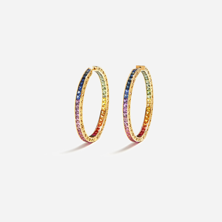 Rainbow 系列 彩色蓝宝石环状18K黄金耳环