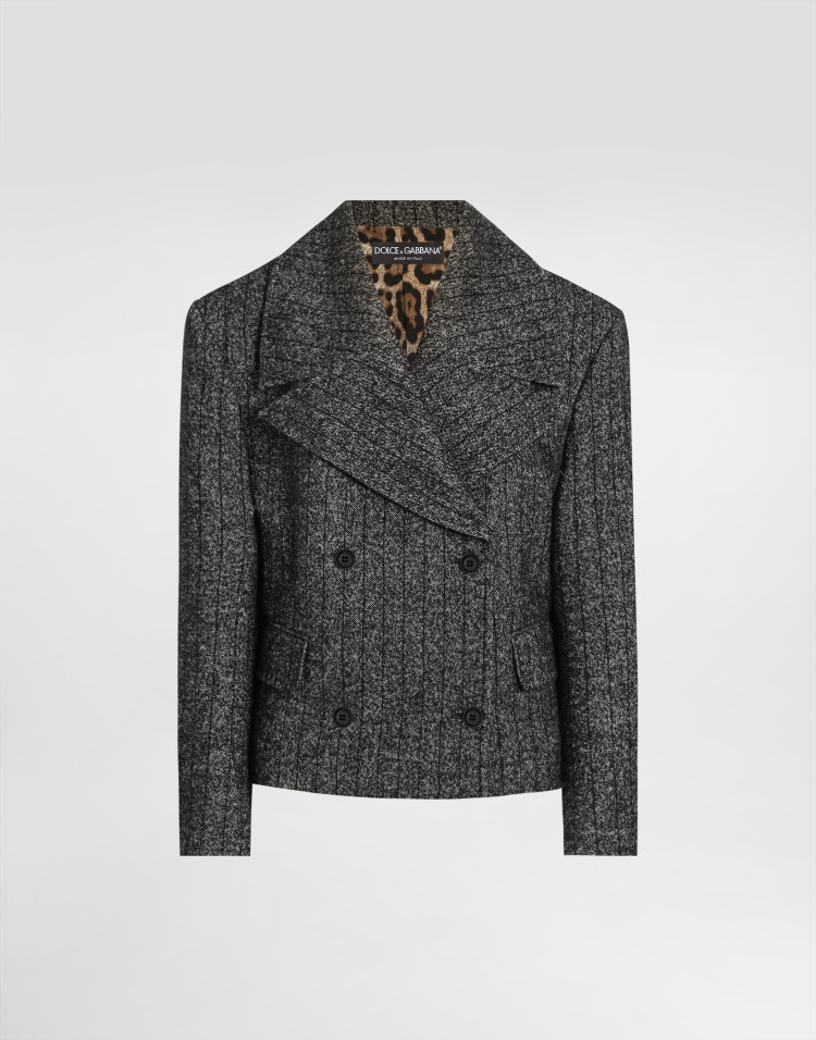 条纹羊毛短款廓形夹克