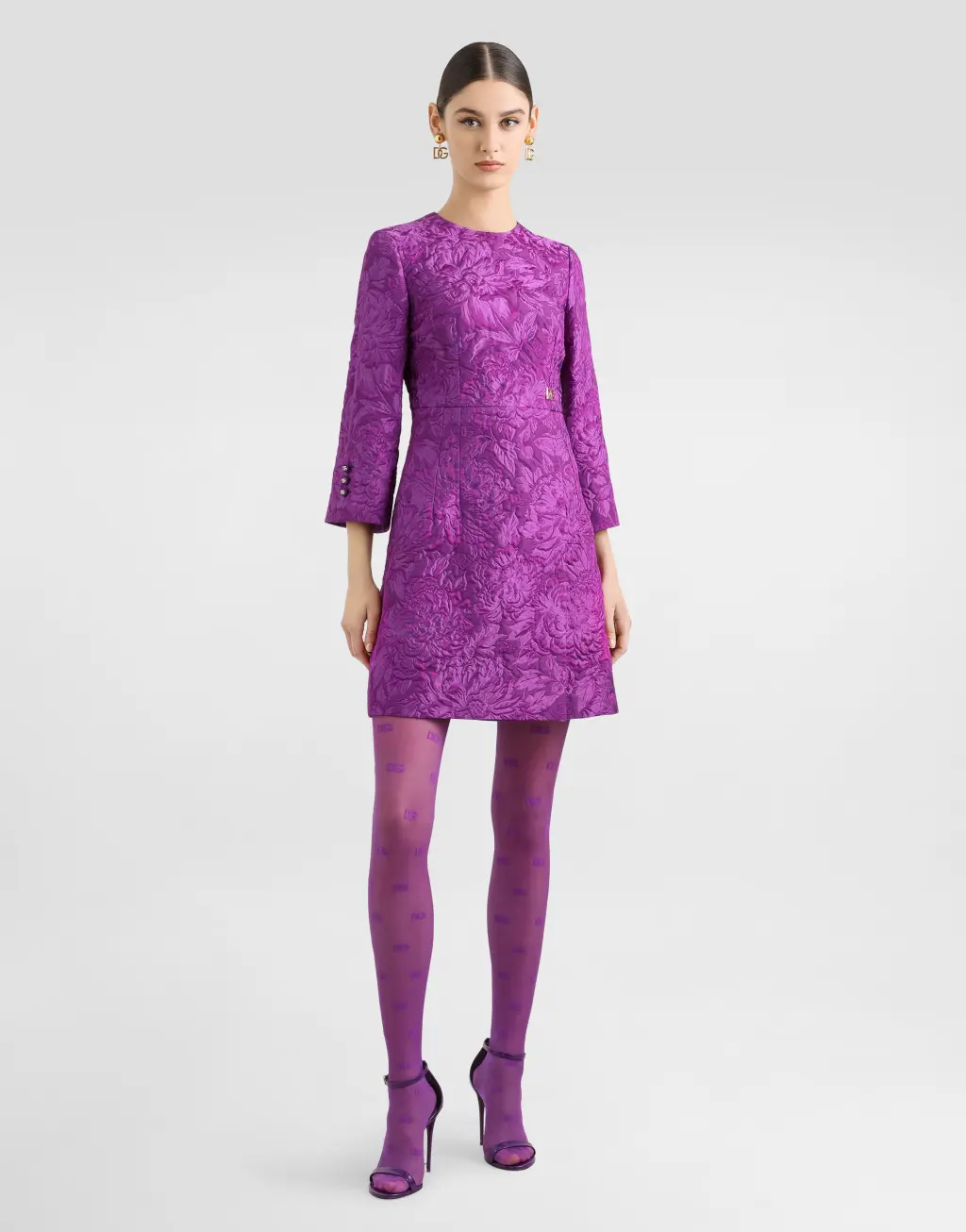 【织锦】芍药图案锦缎半袖连衣裙