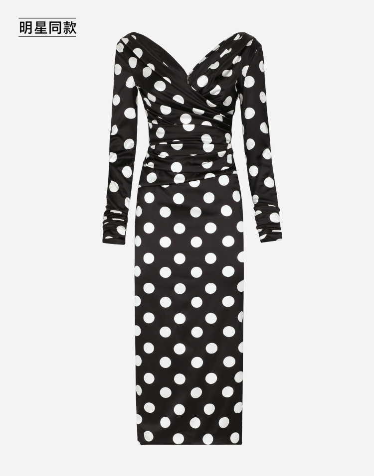 明星同款波点印花缎布中长连衣裙