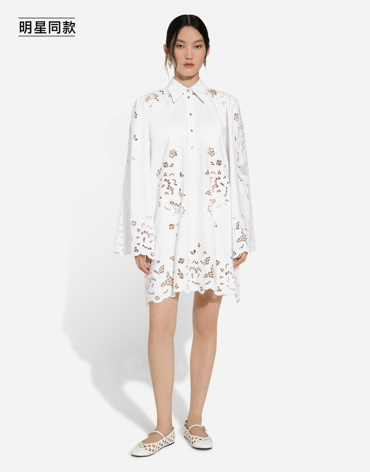 明星同款挖剪刺绣棉质衬衫式连衣裙