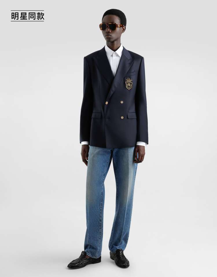 明星同款拼饰羊毛双排扣夹克