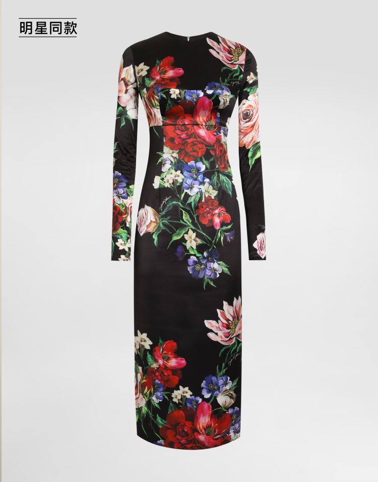 明星同款花卉印花缎布圆领中长连衣裙