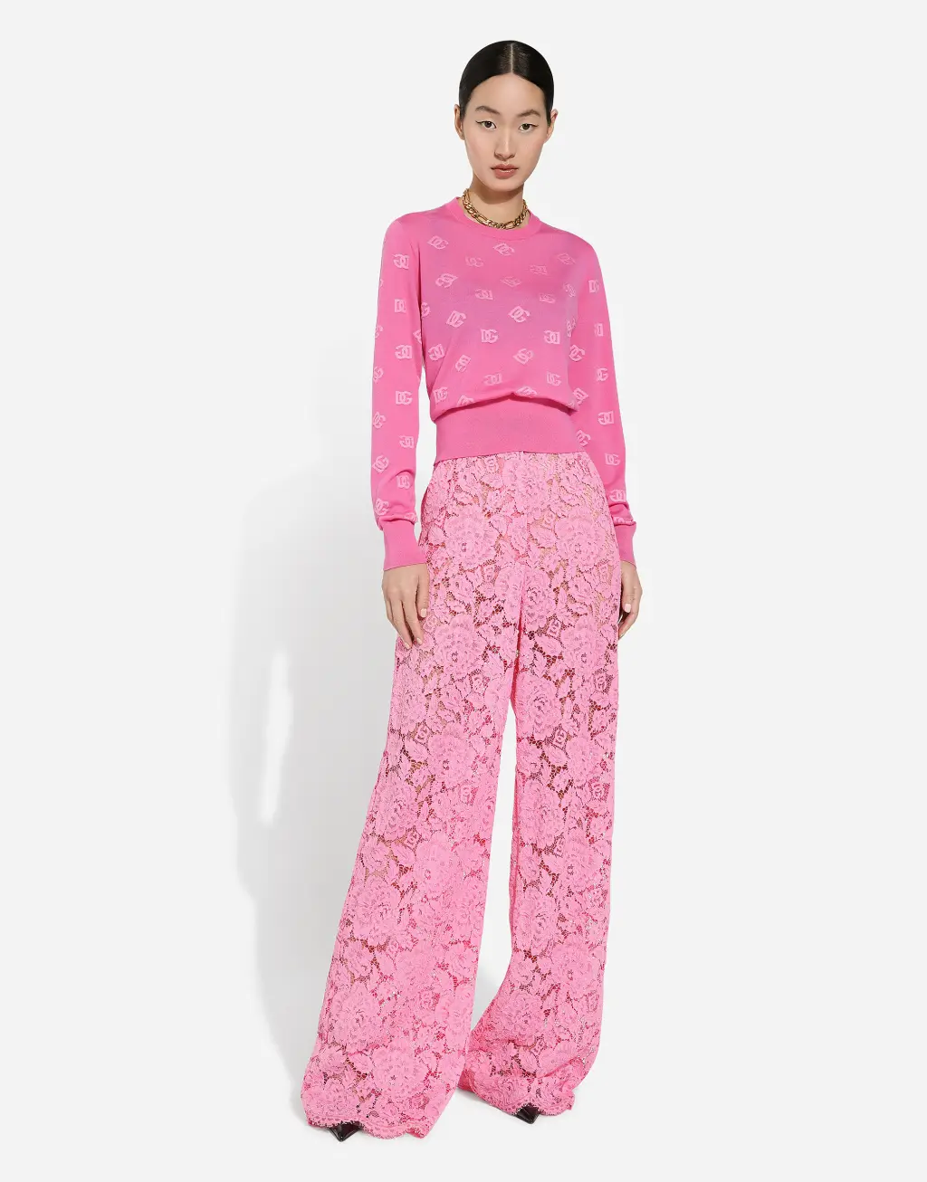 同色 DG 徽标提花真丝与羊毛针织衫