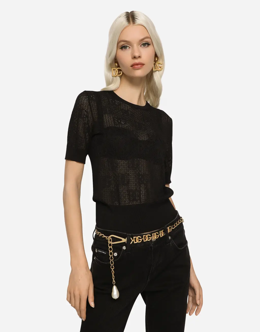 DG 徽标蕾丝短袖针织衫