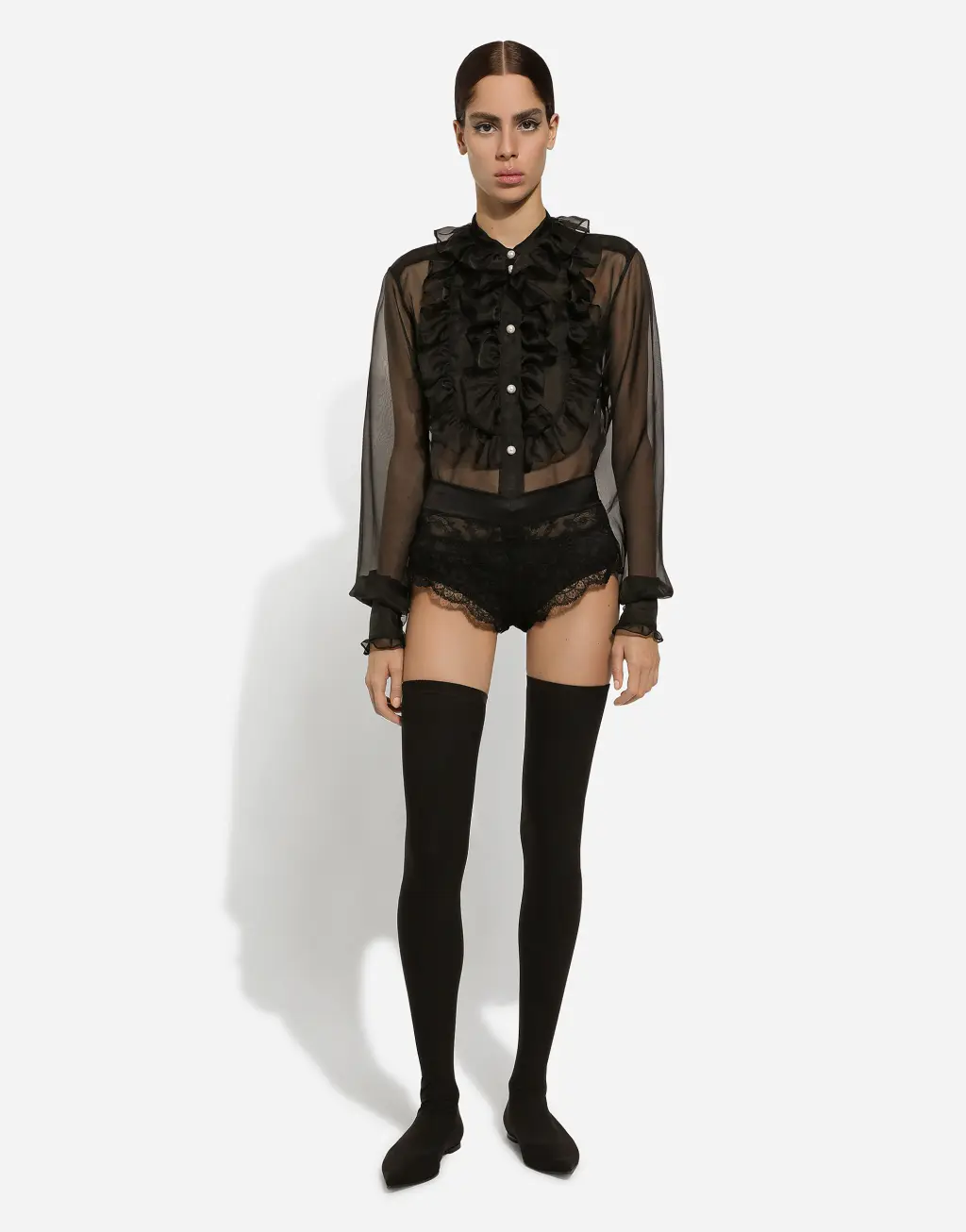 荷叶边胸饰欧根纱衬衫