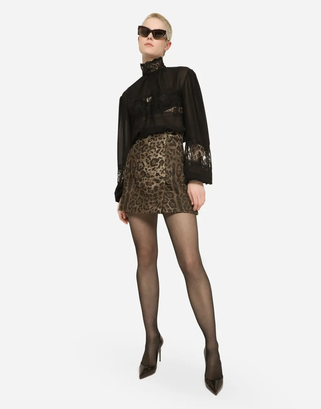 蕾丝与乔其纱高领罩衫