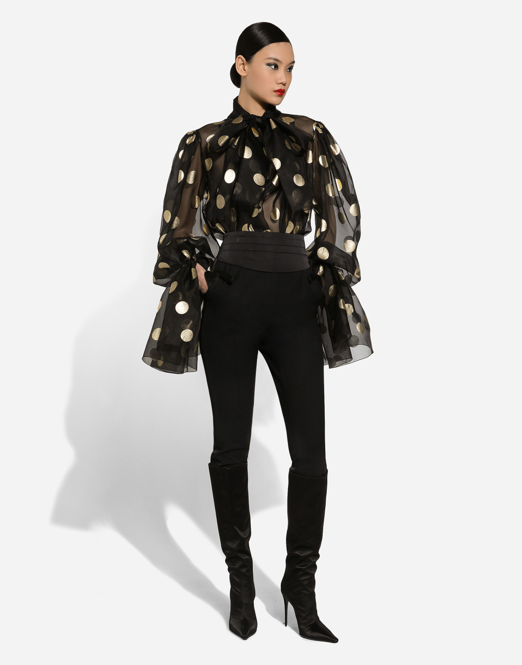 蝴蝶结衣领波点提花真丝欧根纱罩衫2