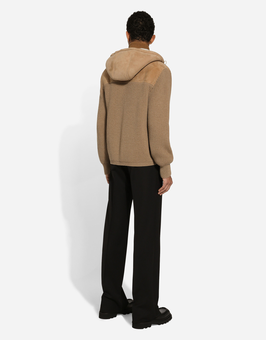 针织嵌花羊皮革毛连帽外套3