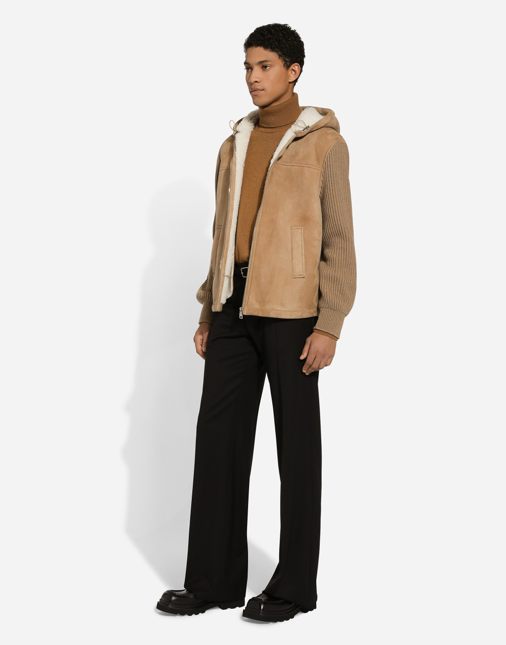 针织嵌花羊皮革毛连帽外套5