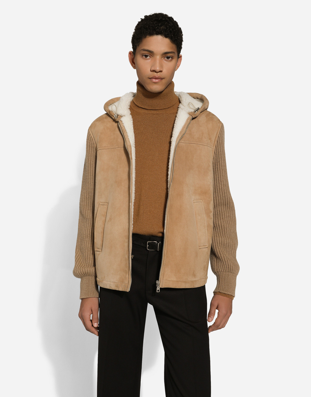 针织嵌花羊皮革毛连帽外套4