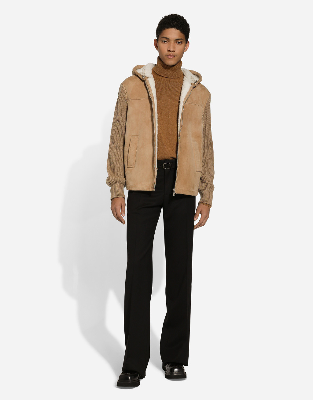 针织嵌花羊皮革毛连帽外套2