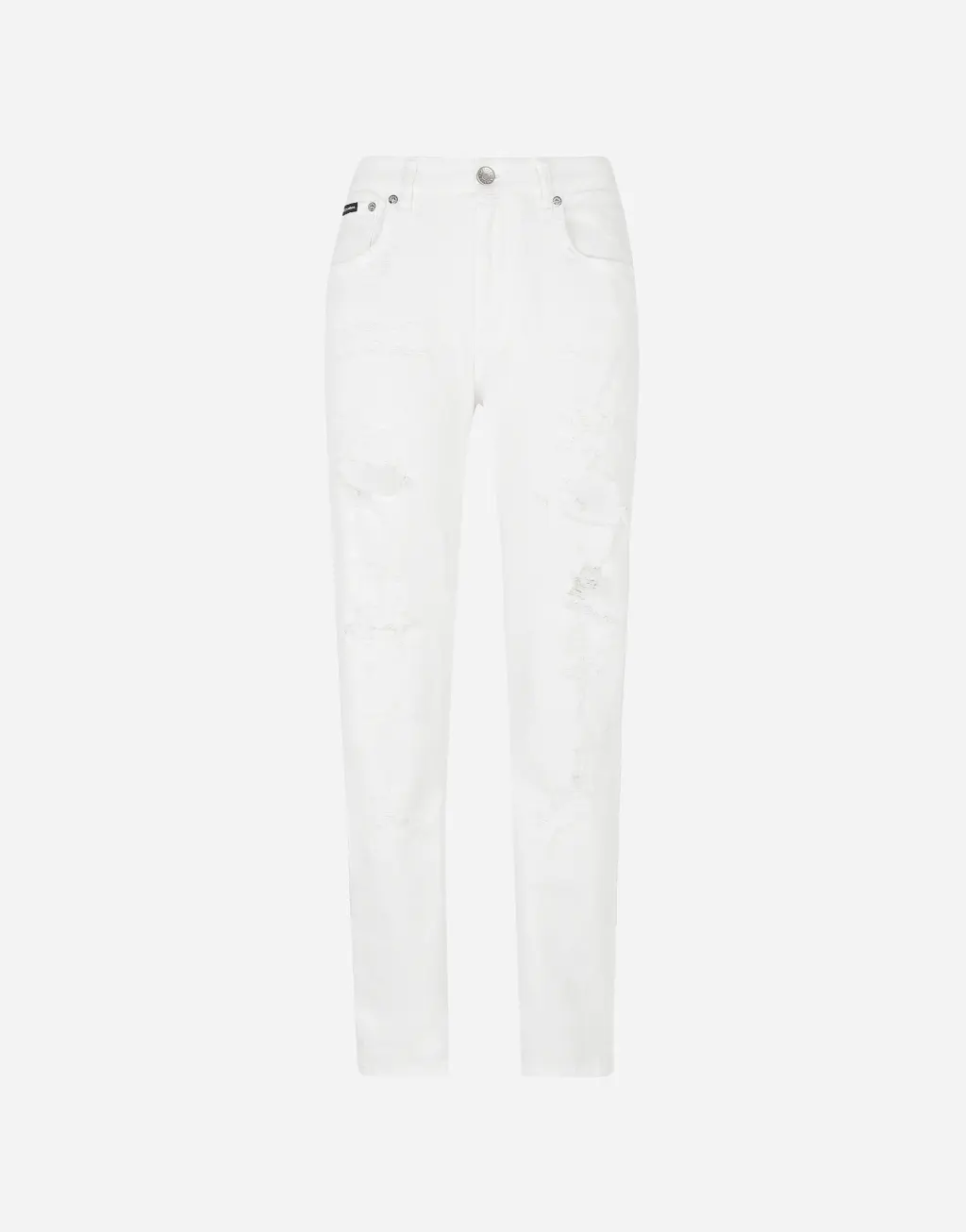 男友款破损细节白色丹宁牛仔裤