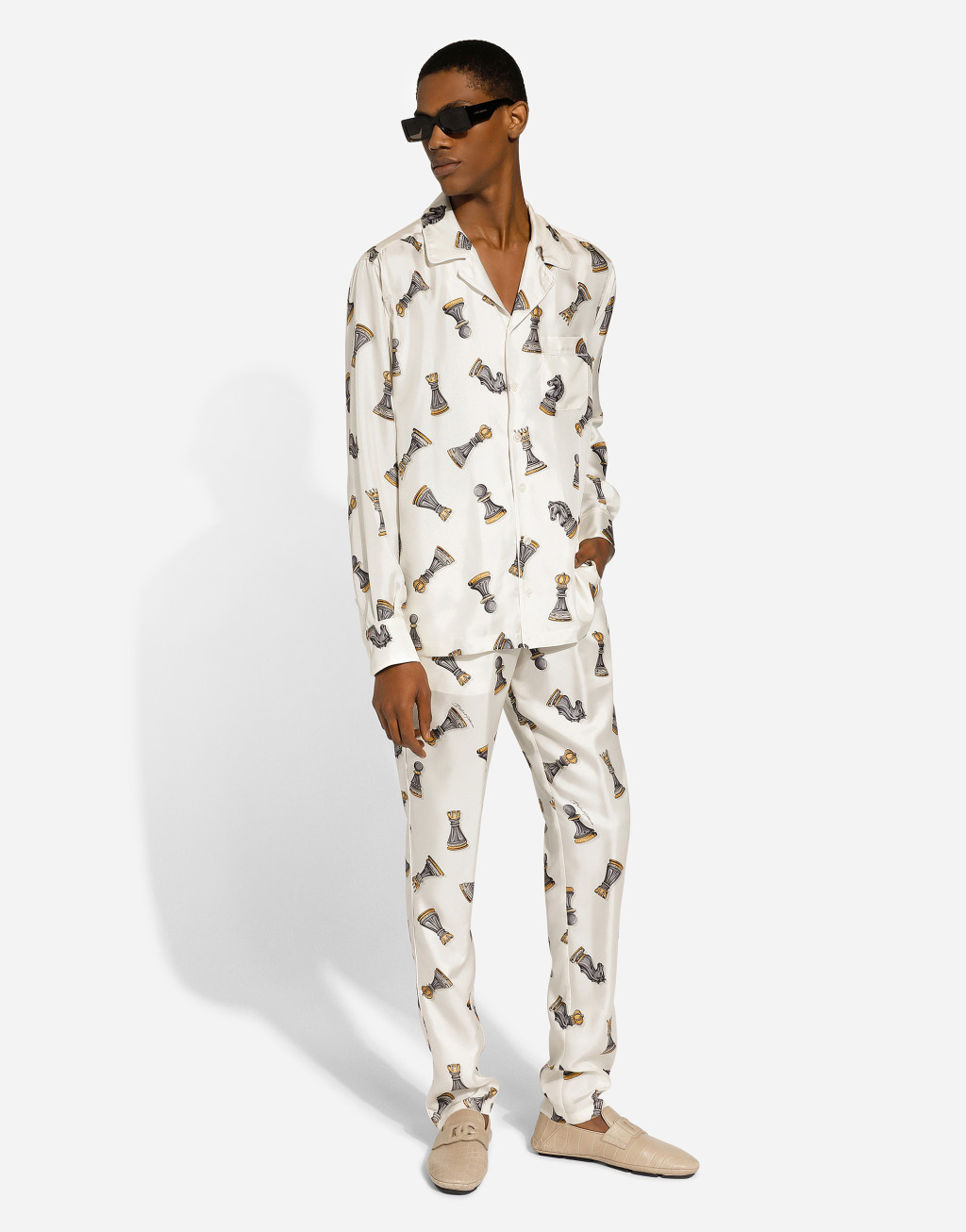 棋盘格印花真丝斜纹慢跑裤6