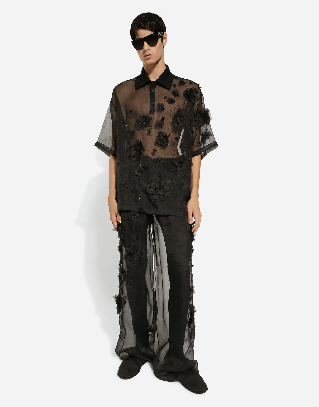 刺绣装饰真丝欧根纱慢跑裤5