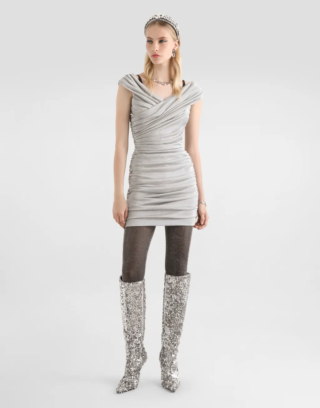 金银线平纹针织垂褶连衣裙