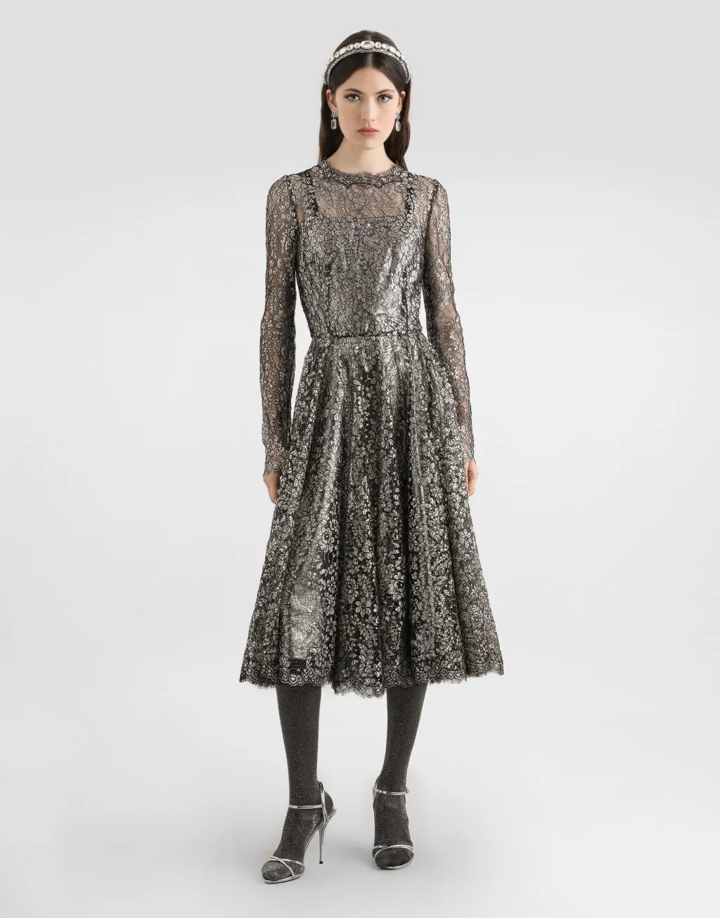 金银线蕾丝连衣裙