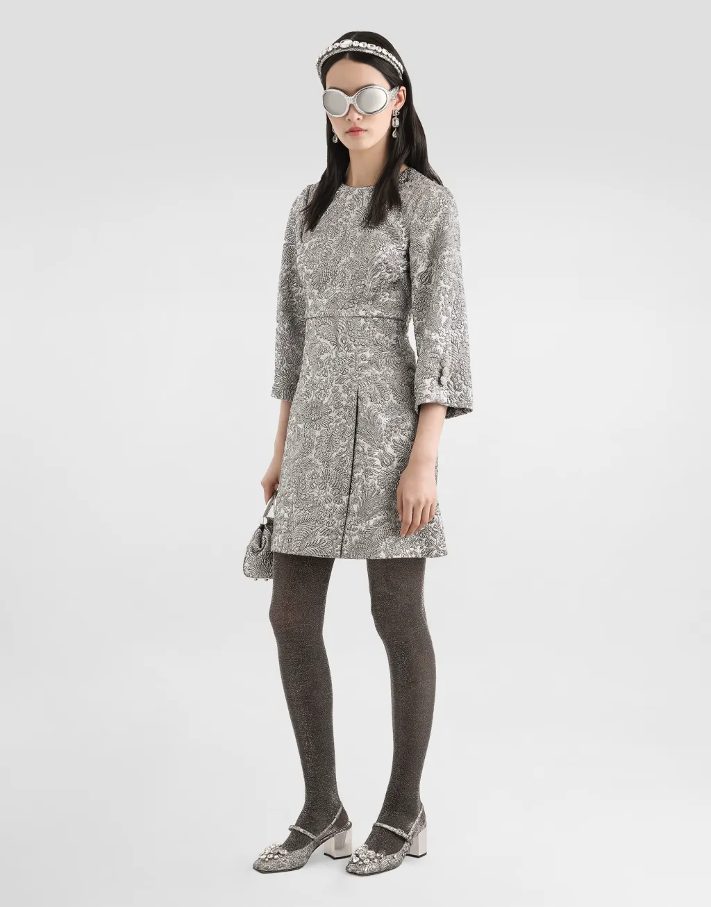 金银线花卉提花连衣裙