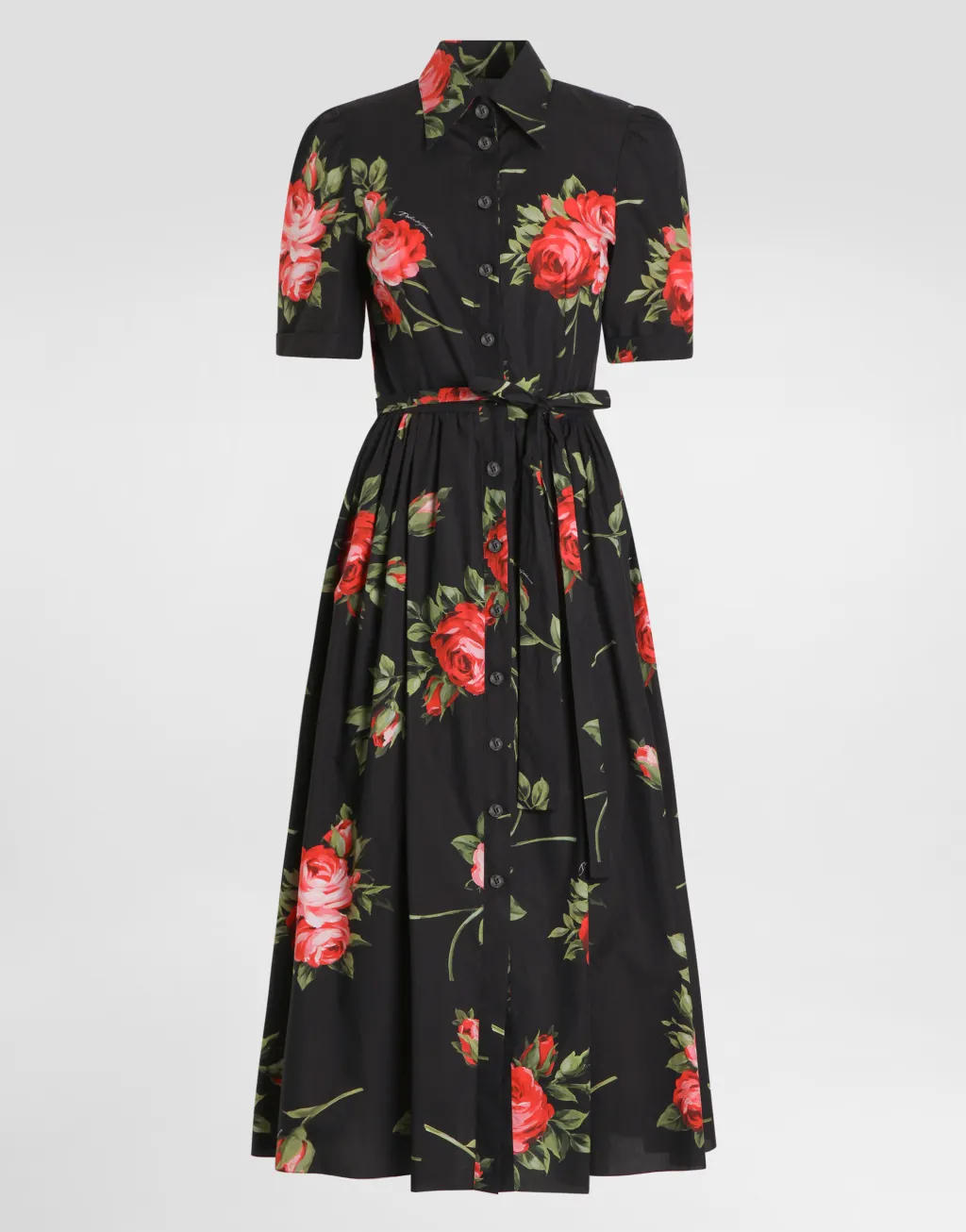 玫瑰印花府绸衬衫式连衣裙