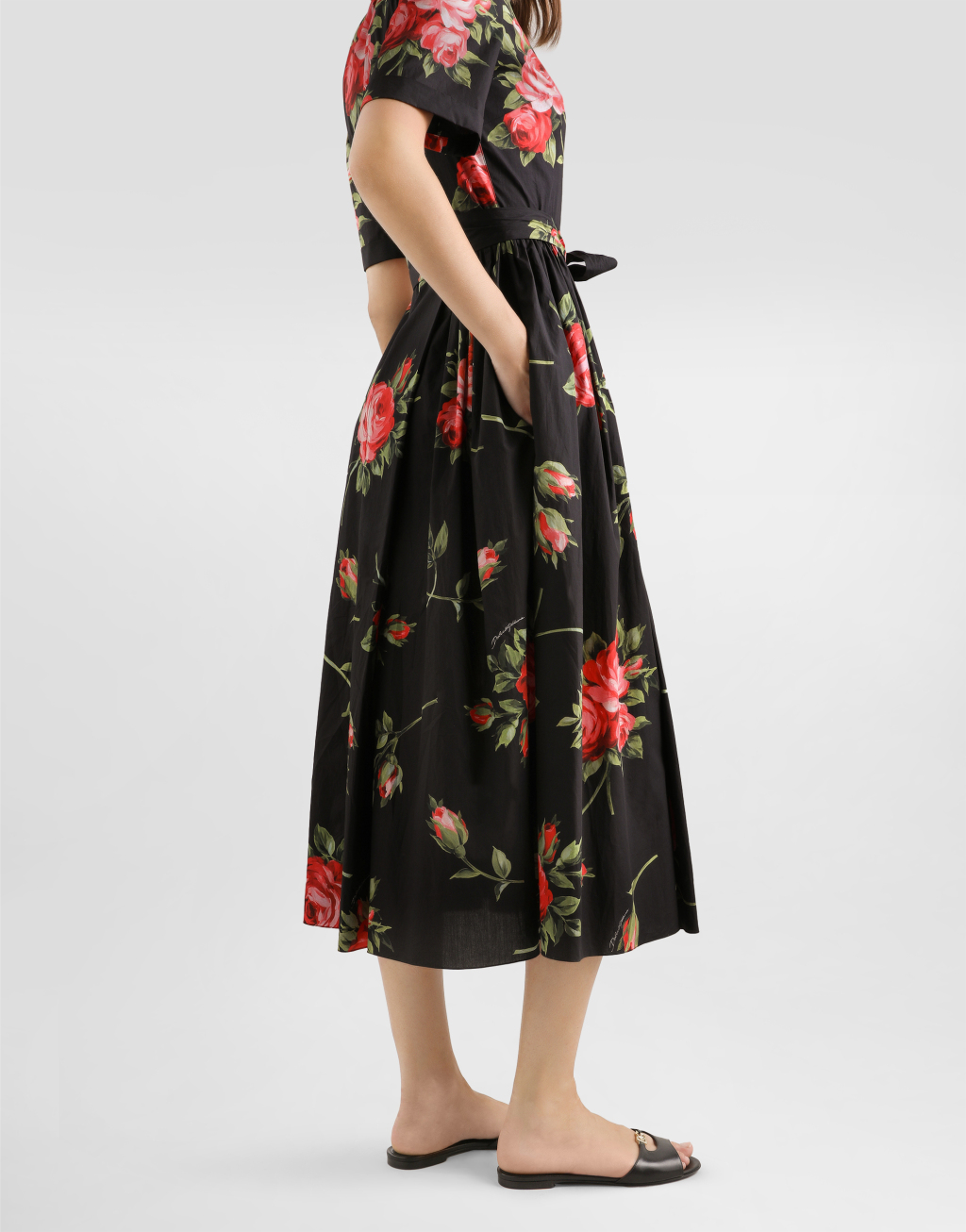 玫瑰印花府绸衬衫式连衣裙5