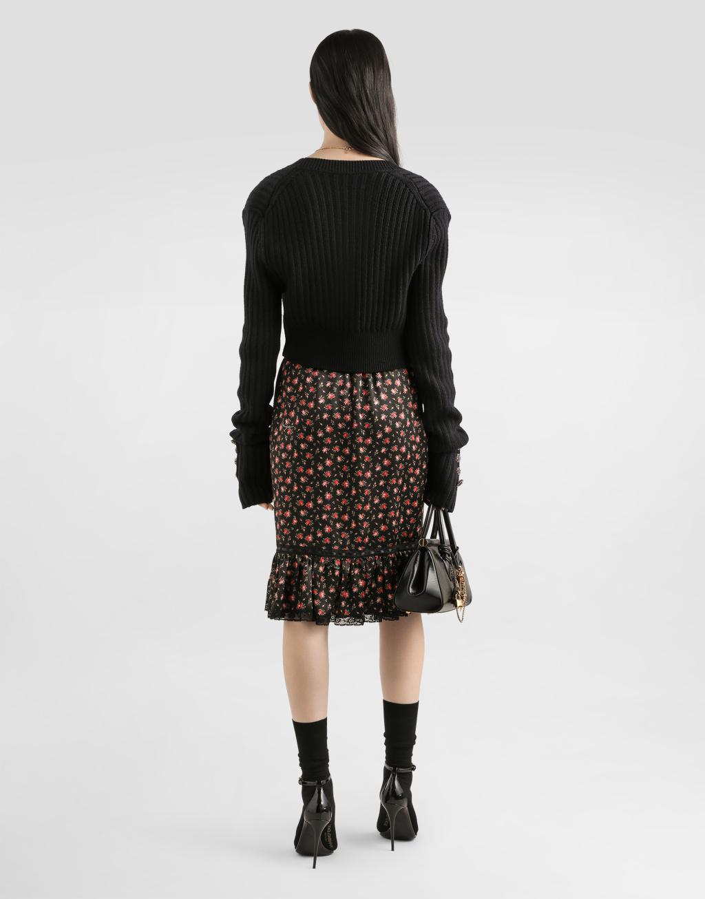 玫瑰印花荷叶边直筒裙3