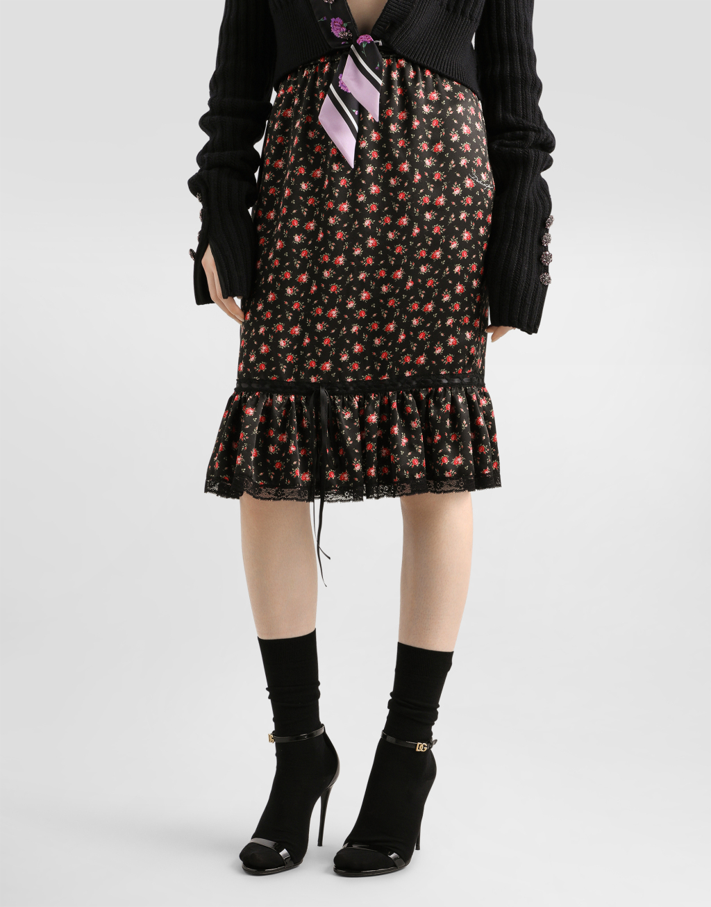 玫瑰印花荷叶边直筒裙4