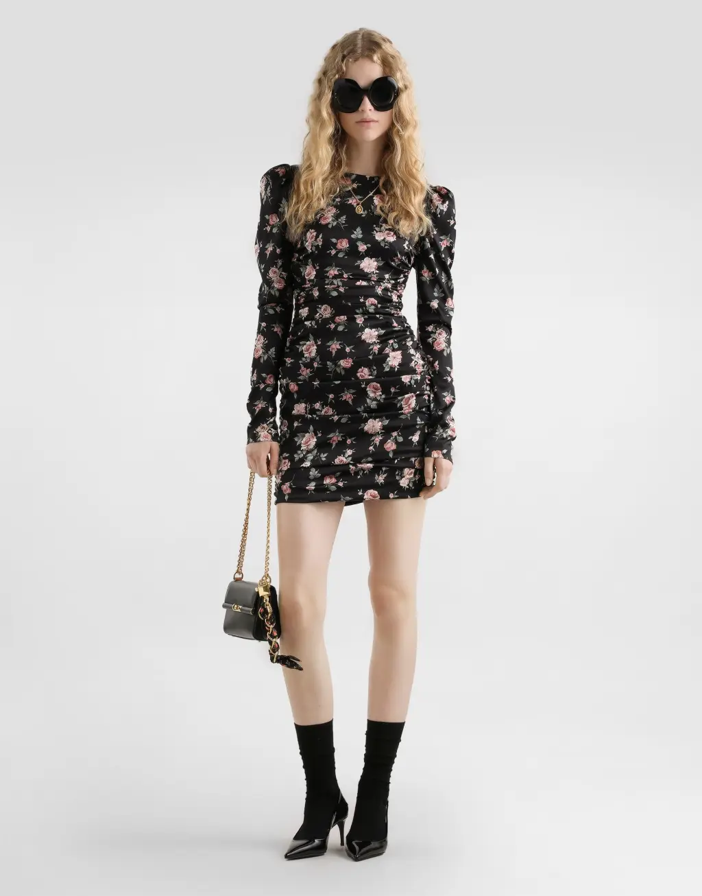 复古玫瑰印花垂褶连衣裙：