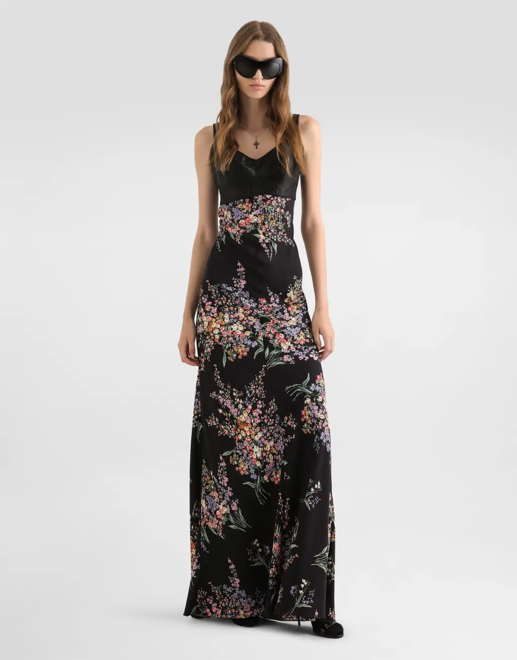 花束印花素绉缎长款连衣裙