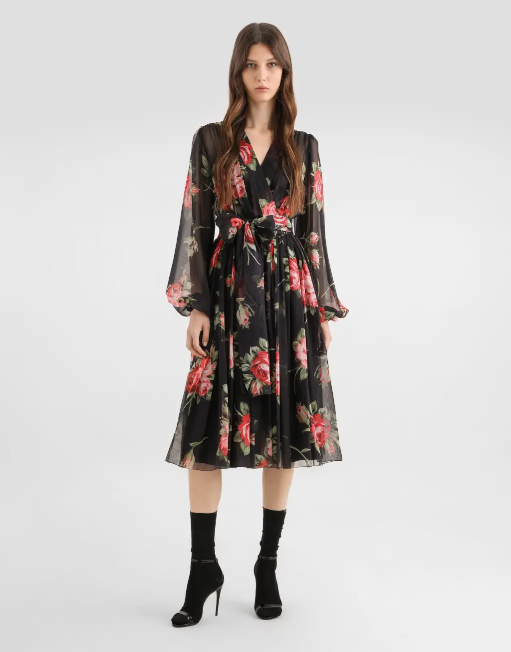玫瑰印花雪纺连衣裙