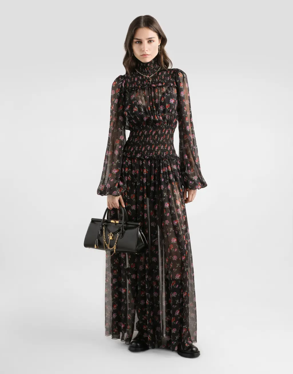 花卉印花雪纺长款连衣裙