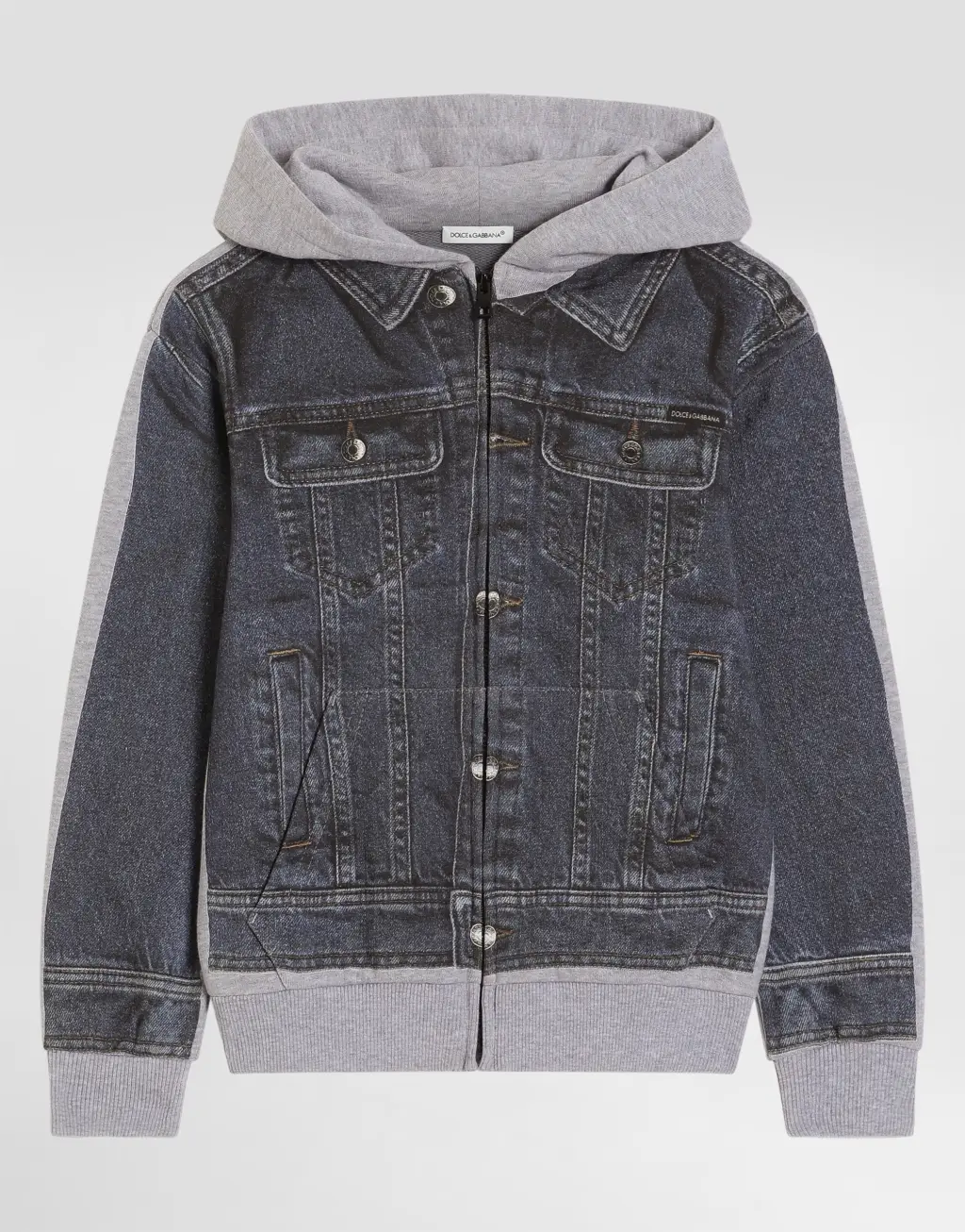 牛仔效果印花连帽卫衣