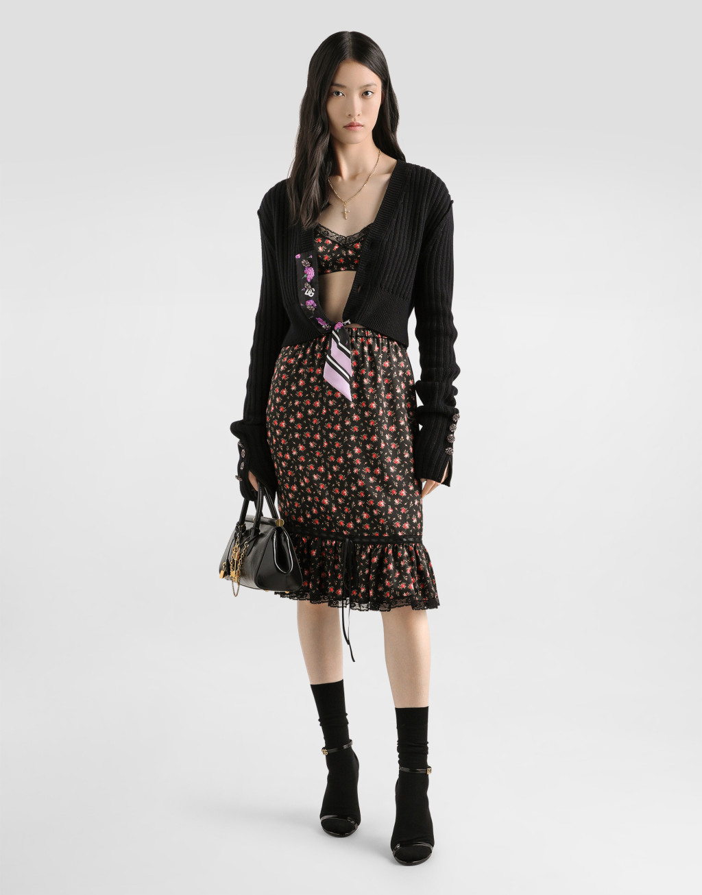 玫瑰印花荷叶边直筒裙2