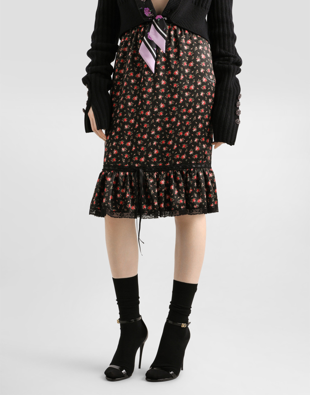 玫瑰印花荷叶边直筒裙4