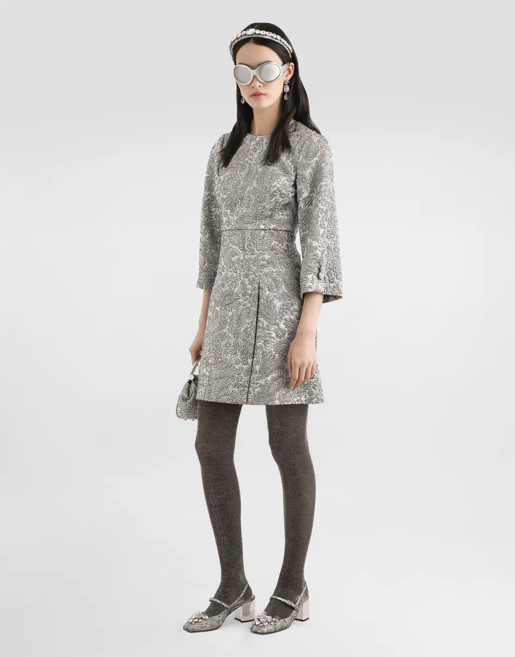 金银线花卉提花连衣裙