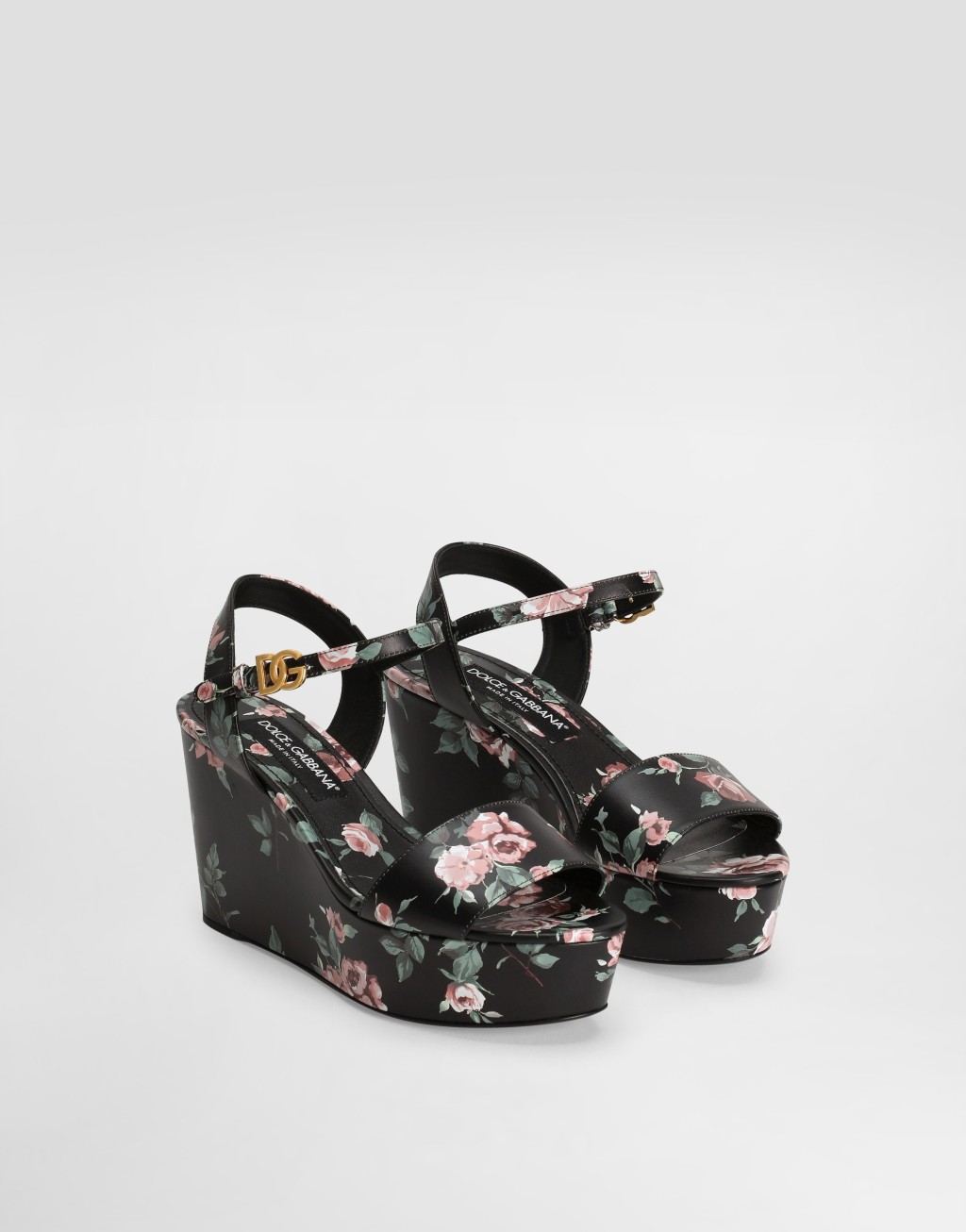 玫瑰印花皮革坡跟凉鞋2