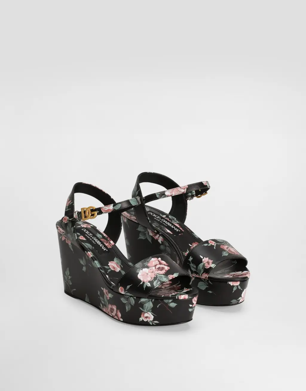 玫瑰印花皮革坡跟凉鞋