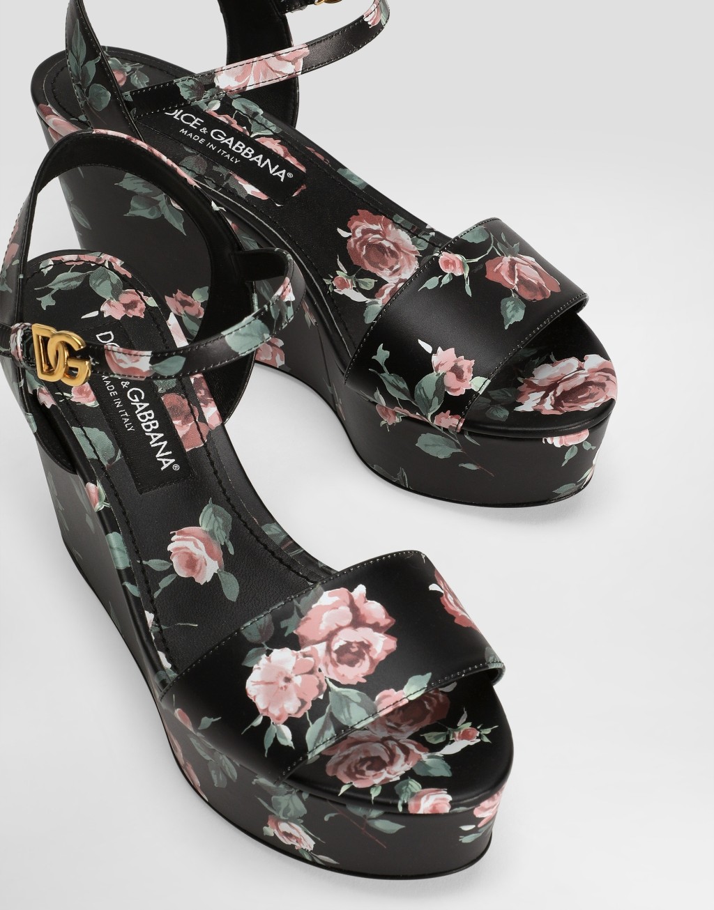 玫瑰印花皮革坡跟凉鞋4