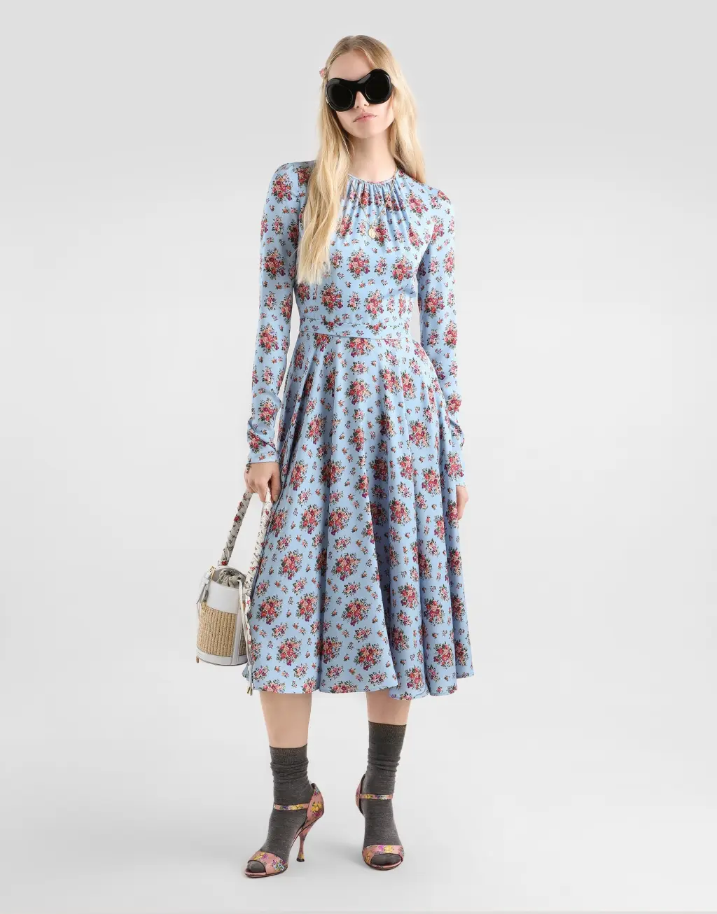 真丝缎长连衣裙 小花束印花