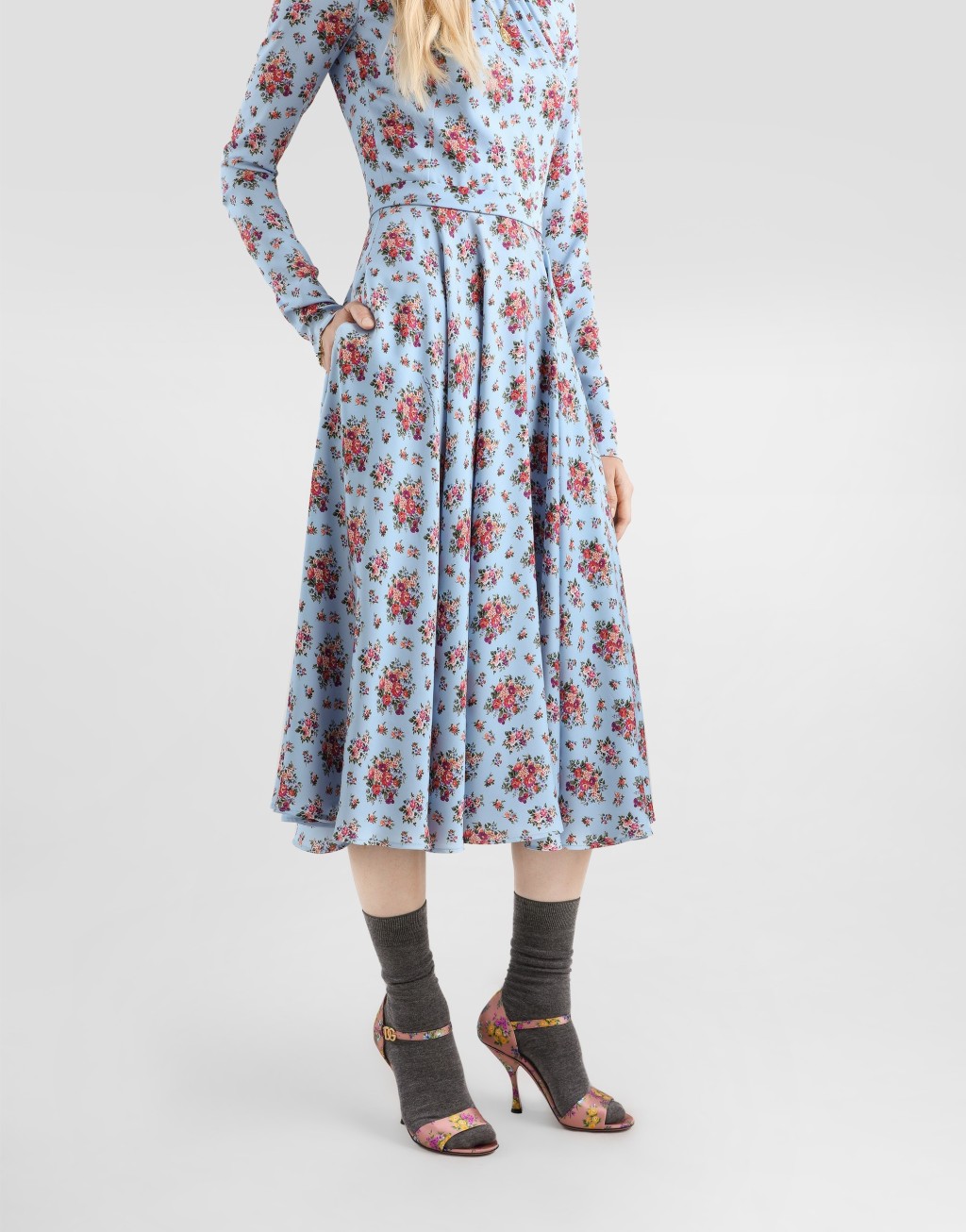 真丝缎长连衣裙 小花束印花4