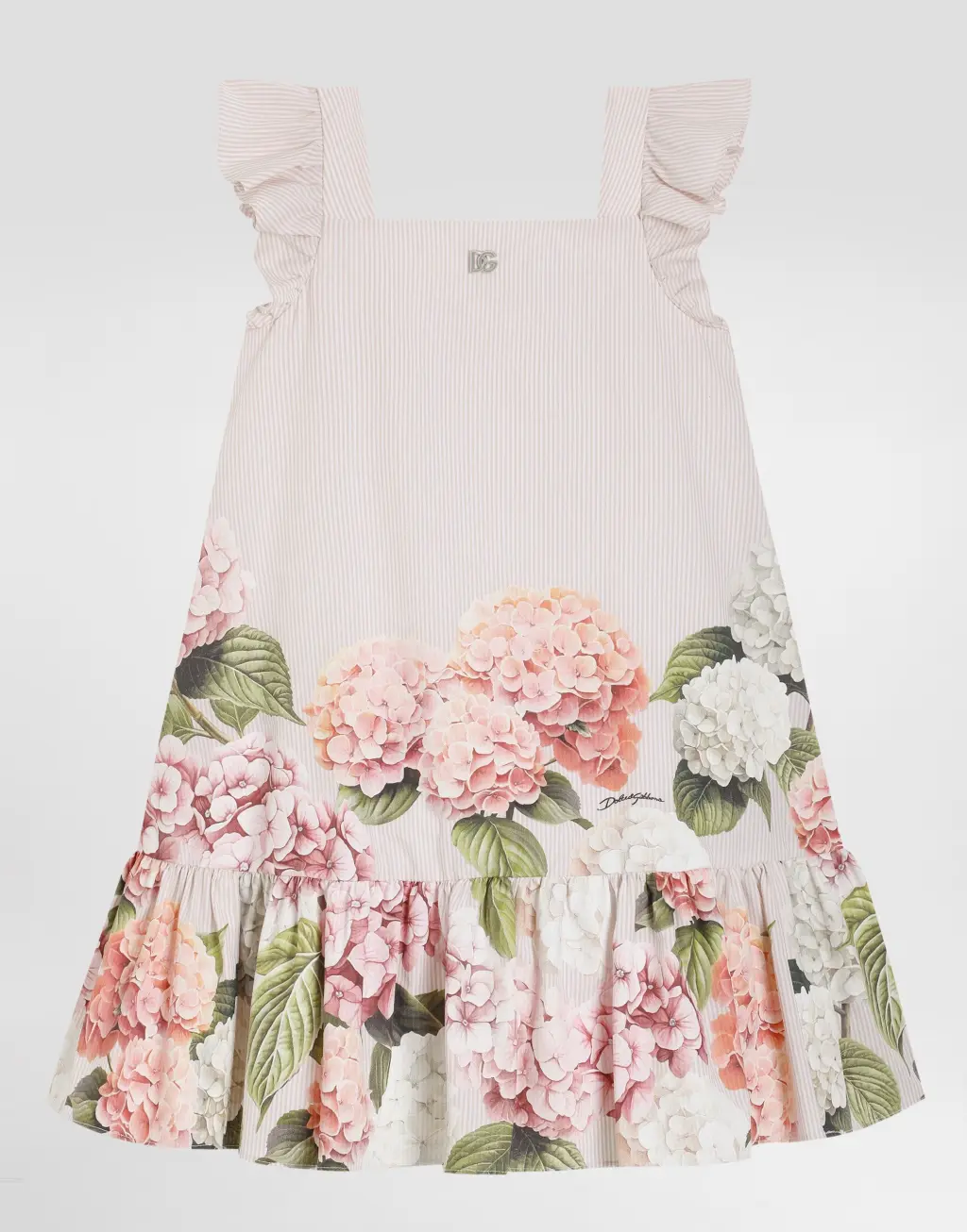 绣球花印花条纹棉帆布连衣裙