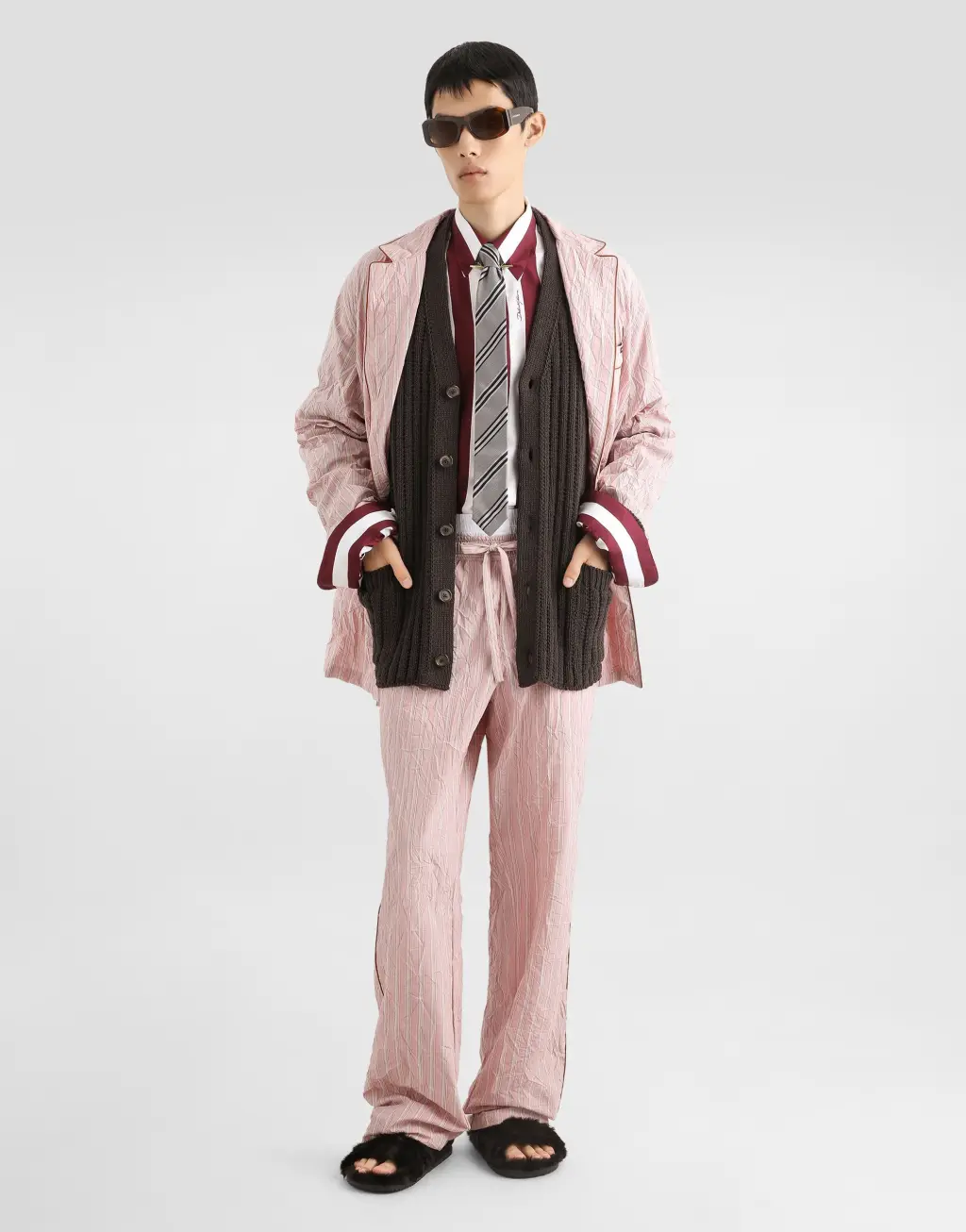 褶皱条纹布料衬衫式梳妆袍