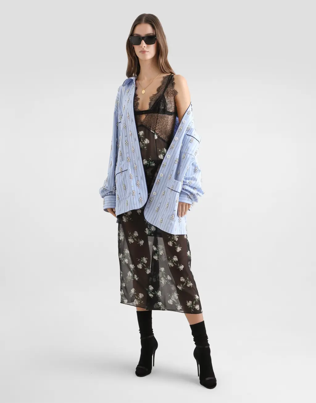 【蕾丝裙】紫罗兰印花蕾丝拼接吊带连衣裙