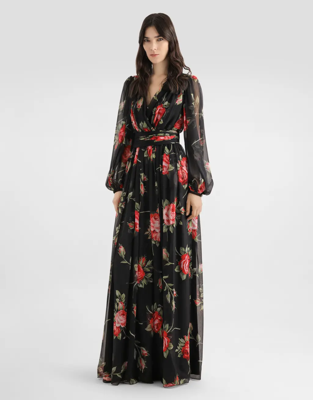【雪纺裙】玫瑰印花雪纺长款连衣裙